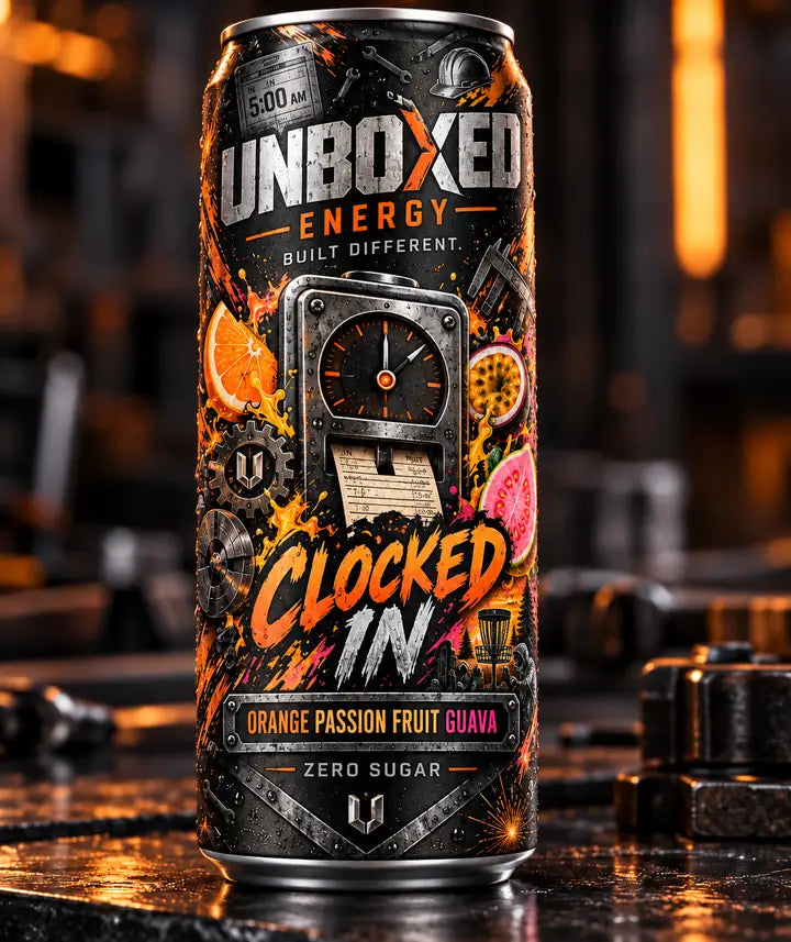 Unboxed Energy Clocked In Orange Passion Fruit Guava can
